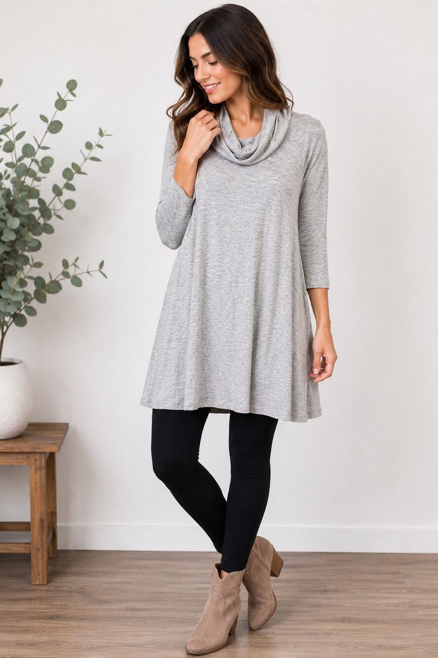 Grace Cowl Neck Swing Tunic Dress XS Oatmeal Beige